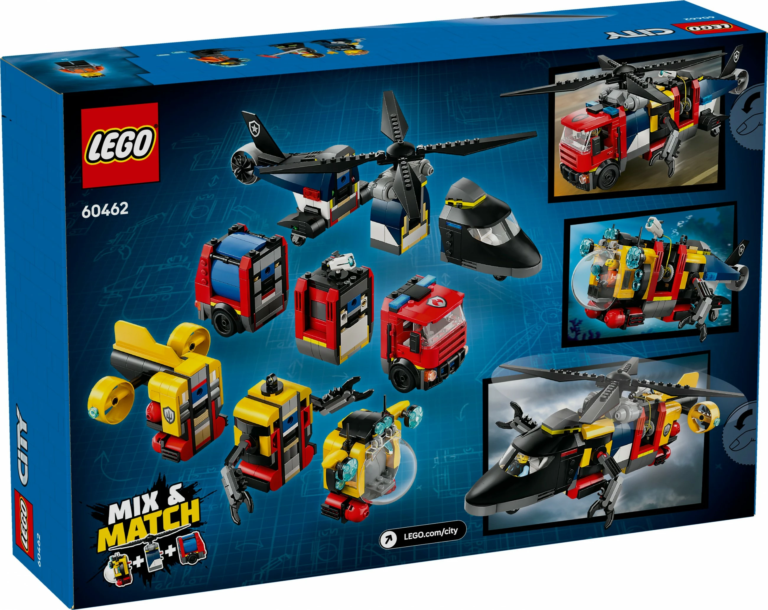 Igriv gradbeni set z 874 kosi, helikopter, gasilsko vozilo, podmornica LEGO City 60462, večbarven