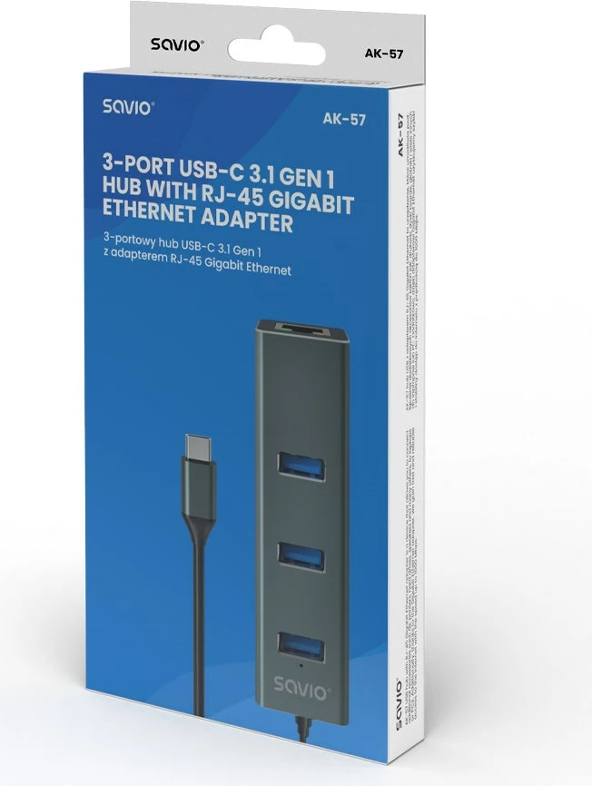 Razdelilnik Savio AK-57 USB-C - 3 x USB-A, 5000 MB/s, sivo
