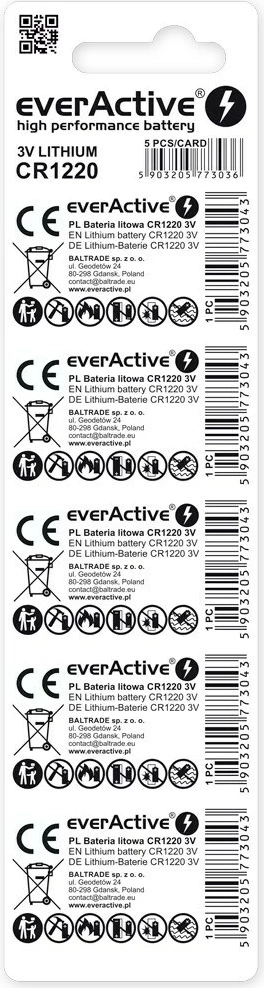 Litijeva baterija CR1220 everActive, 40 mAh, set 5 kos