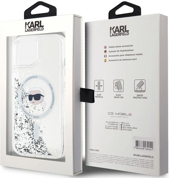Prozoren ovitek za telefon Liquid Glitter Karl Head MagSafe, Karl Lagerfeld, za iPhone 15/14/13