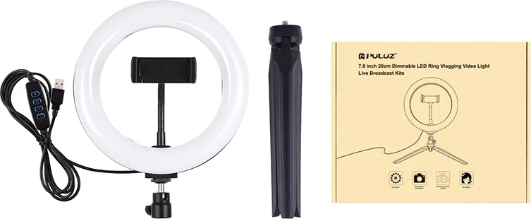 Obročasta LED luč 20 cm z trinožcem in držalom za telefon Puluz PKT3073B, LED, USB, bela