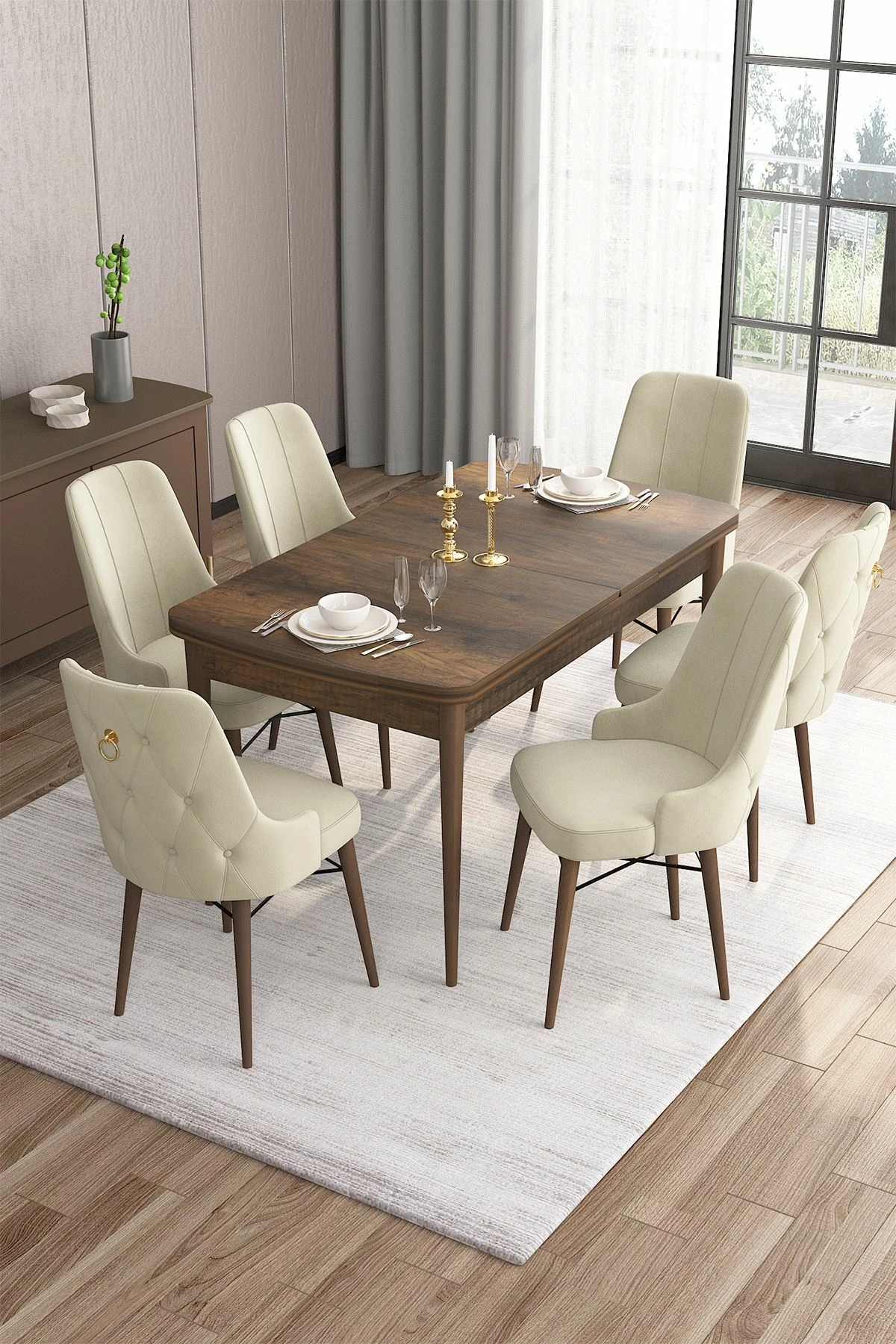Raztegljiv jedilni set s stolčki, baročna in krem, 7-delni, Skye Decor