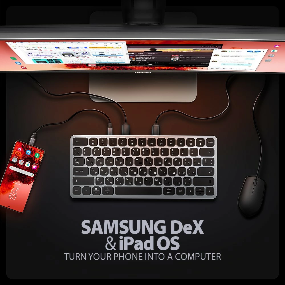 Tipkovnica z USB-C hub 9-v-1, cirilična postavitev, 60 cm, siva, AXAGON HMC-KB-CRL