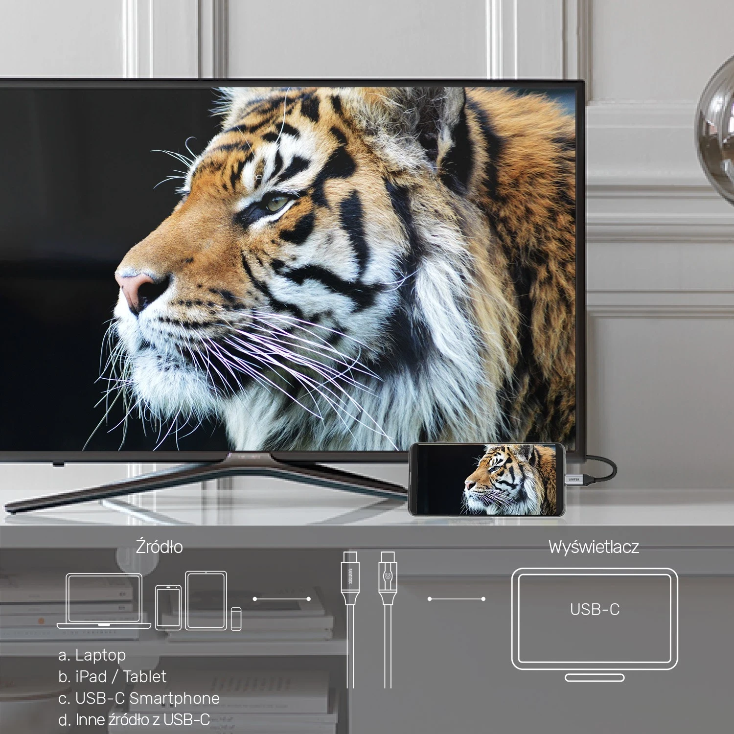 USB-C kabel za USB-C Unitek, 10Gbps, 4K 60Hz, 20V/5A, črn