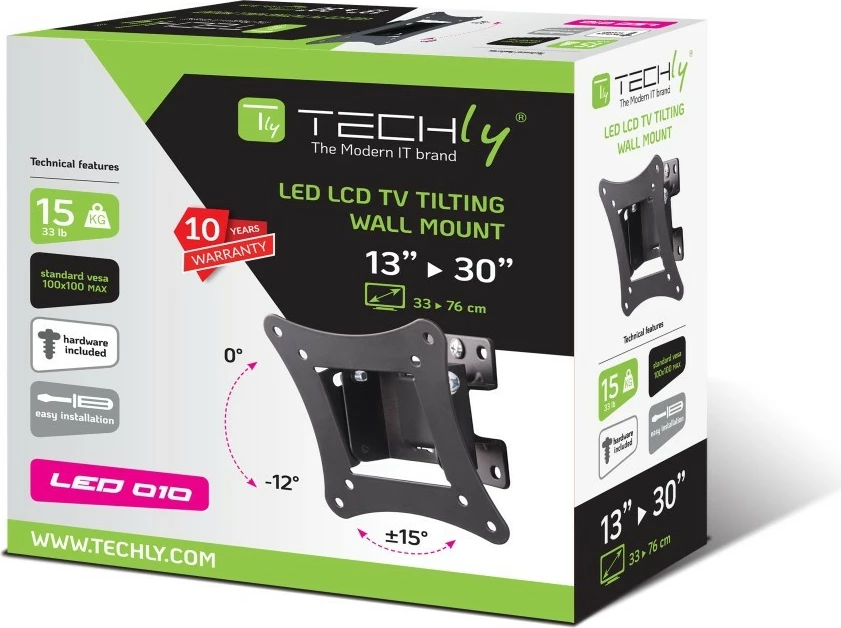 Stenski nosilec za TV, Techly 106602, 13–30 in, črn
