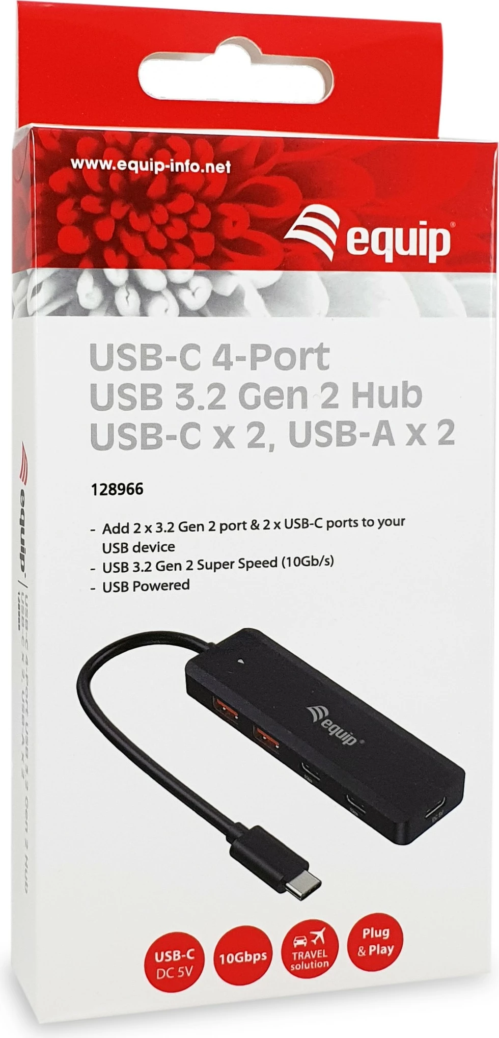 USB razdelilec Equip 128966, 4 priključki, USB-C/USB-A, 10Gbps, črn