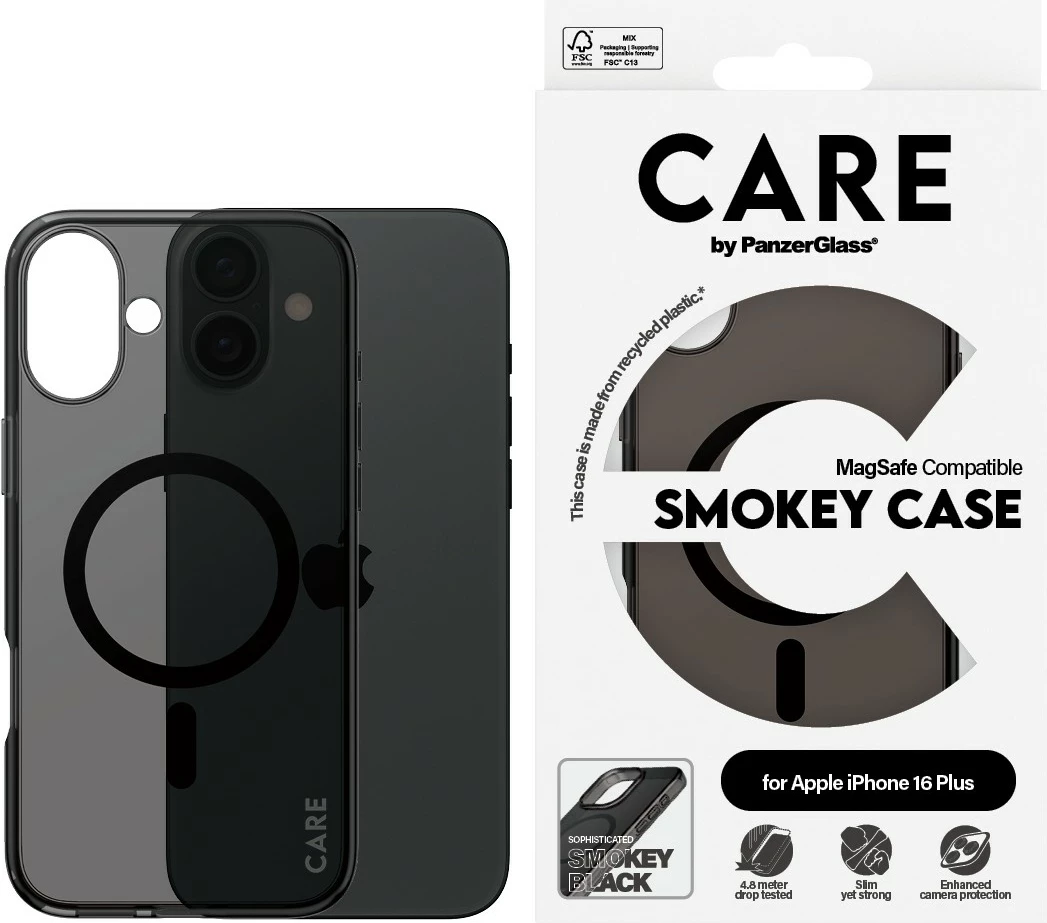 Zaščitni ovitek PanzerGlass CARE Case Flagship Smokey MagSAFE za iPhone 16 Plus, črn
