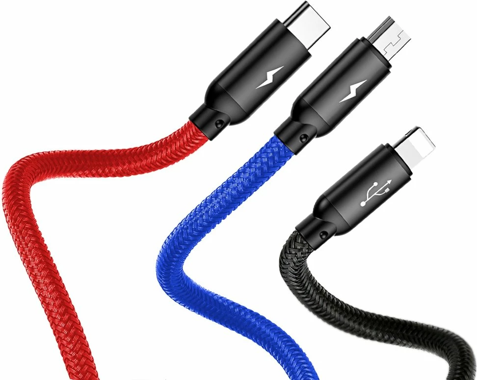 Kabel 3-v-1 v treh osnovnih barvah, Baseus Three Primary Colors CAMLT-BSY01, 1,2 m, USB-A na micro USB/Lightning/USB-C, črn/rdeč/moder