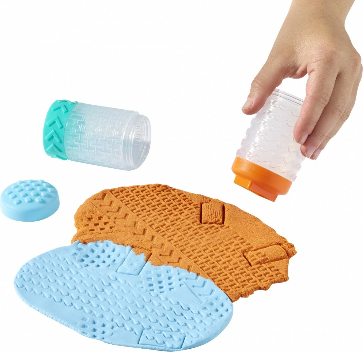 Set modelirne gline in kinetičnega peska Wonder Factory Never Dry, MGA, modra in oranžna