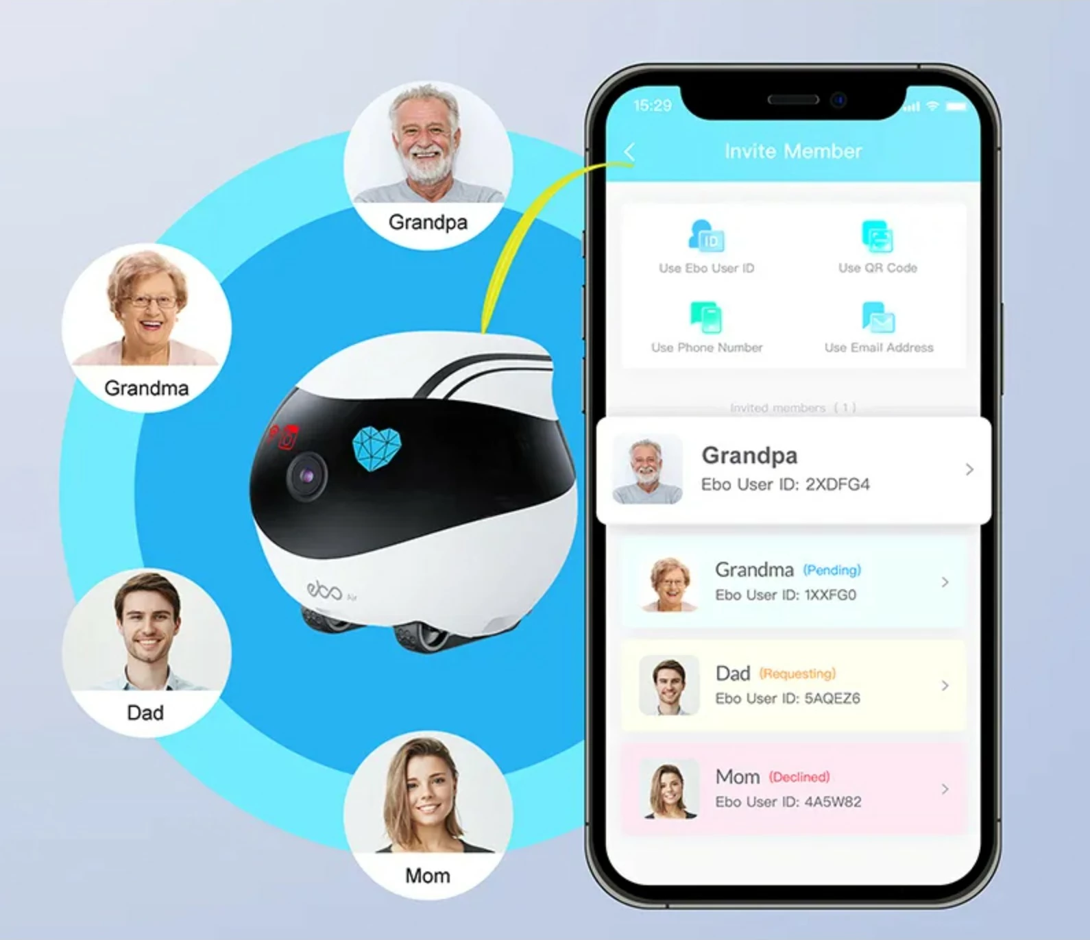 Robot za hišne ljubljenčke Enabot EBO Air, kamera 1080p, sledenje z AI, LiDAR, upravljanje z aplikacijo, bel