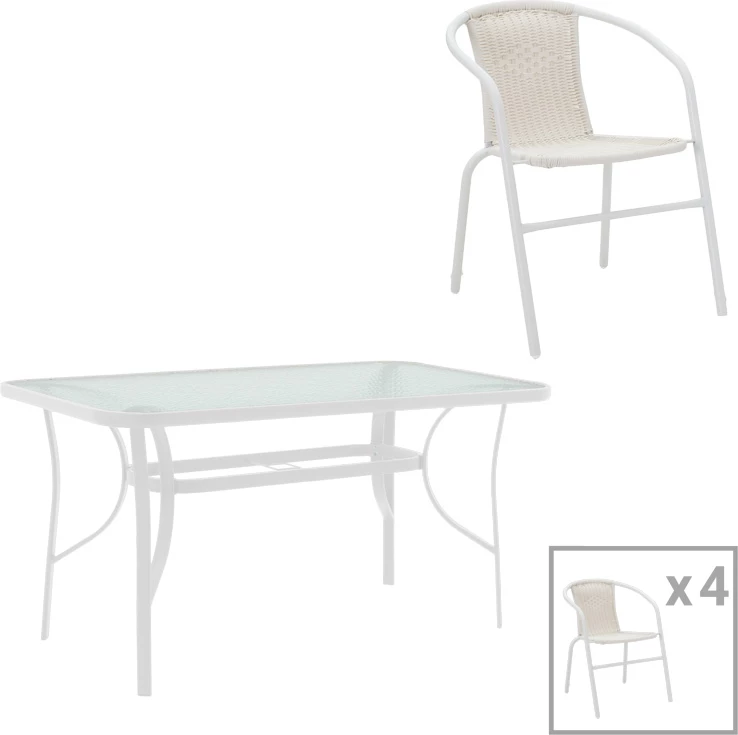 Jedilna miza s stoli Obbi-Ensure, 5-delni, kovina-steklo, bela, 120x70x70 cm