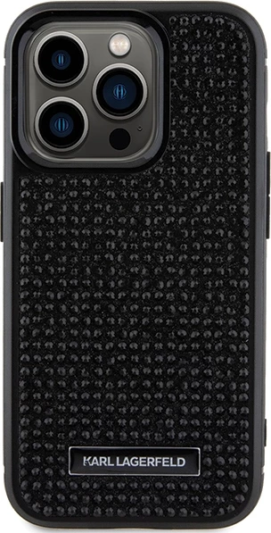 Zaščitni ovitek z bleščicami in kovinsko ploščico z logotipom Karl Lagerfeld za iPhone 15 Pro Max, črn