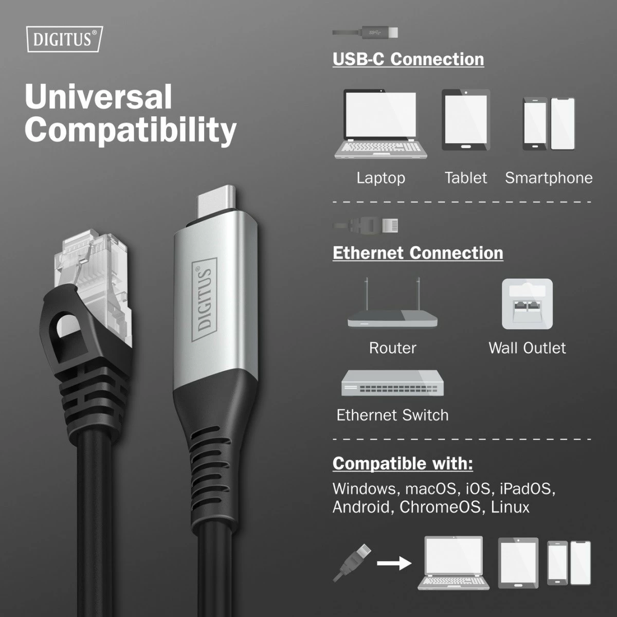 LAN adapter Digitus AK-300601-050-S, USB-C v RJ45, 5 m, črn