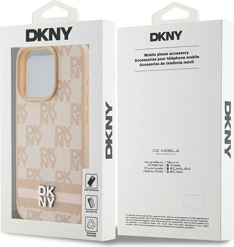 Ovitek z mono šahovnim vzorcem in tiskanimi črtami za iPhone 15 Pro Max, DKNY, rožnat