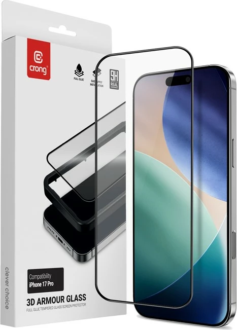 Zaščitno kaljeno steklo 3D Armour Glass, CRONG, za iPhone 17 Pro, 9H, montažni okvir