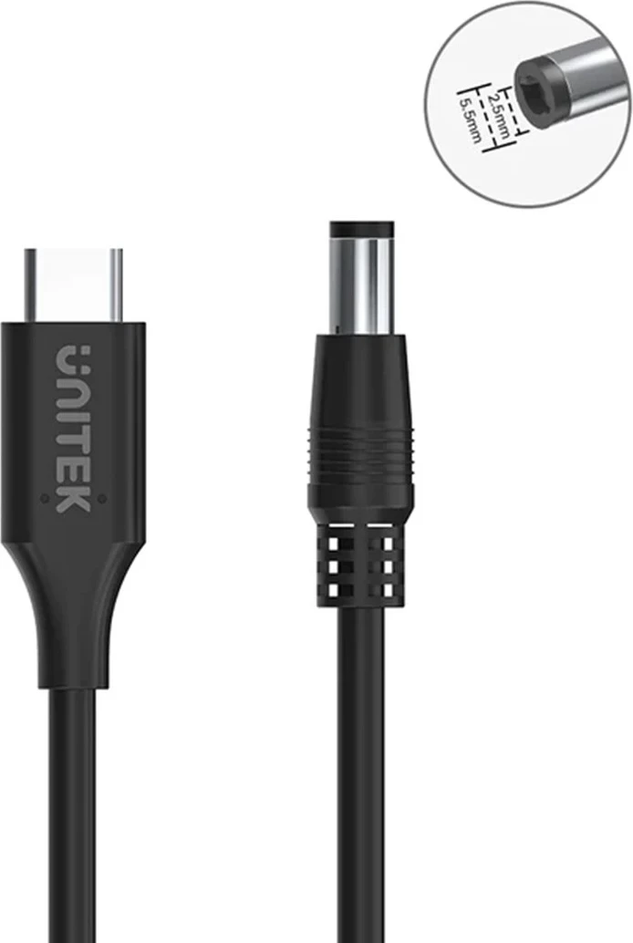 Kabel za polnjenje za prenosnik Unitek, 65W USB-C - DC5,5mm, črn