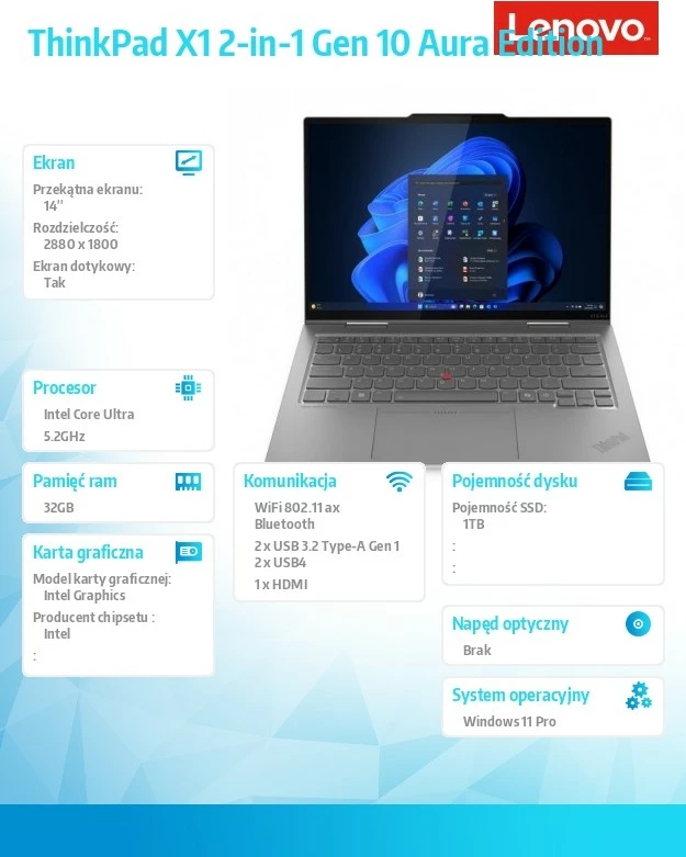 Ultrabook 2-v-1 Aura Edition, Lenovo ThinkPad X1 Gen 10, Intel Core Ultra 7 255U, 32 GB RAM pomnilnik, 1 TB SSD, 14" 2.8K zaslon na dotik, siv