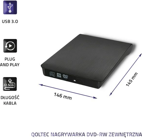 Zunanji zapisovalnik DVD-RW Qoltec 51857, USB 3.0, črn