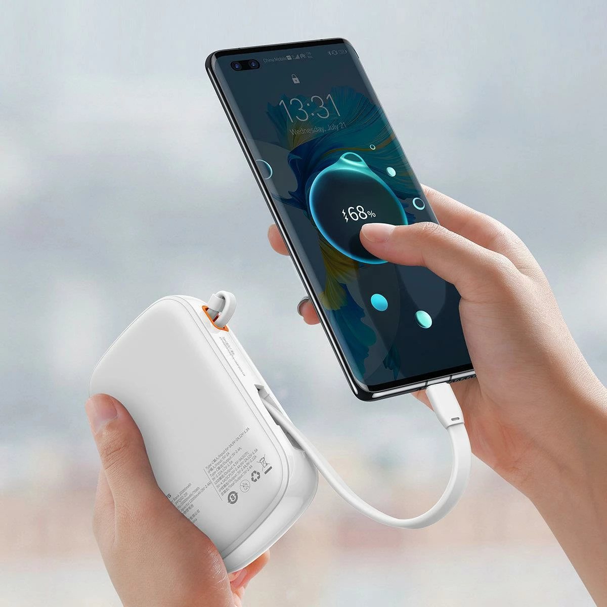 Powerbank 20000mAh, 22,5W, z vgrajenim kablom USB-C, Baseus Qpow, bel
