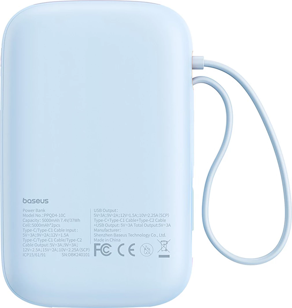 Kompakten powerbank, Baseus QPow 2, 10000 mAh, 30 W, z integriranim kablom USB-C, moder