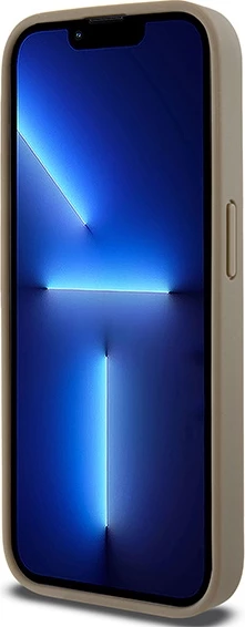 Ovitek za telefon usnjen z natiskanimi vzorci in kovinskim logotipom, MagSafe — DKNY za iPhone 15 Pro, rjav