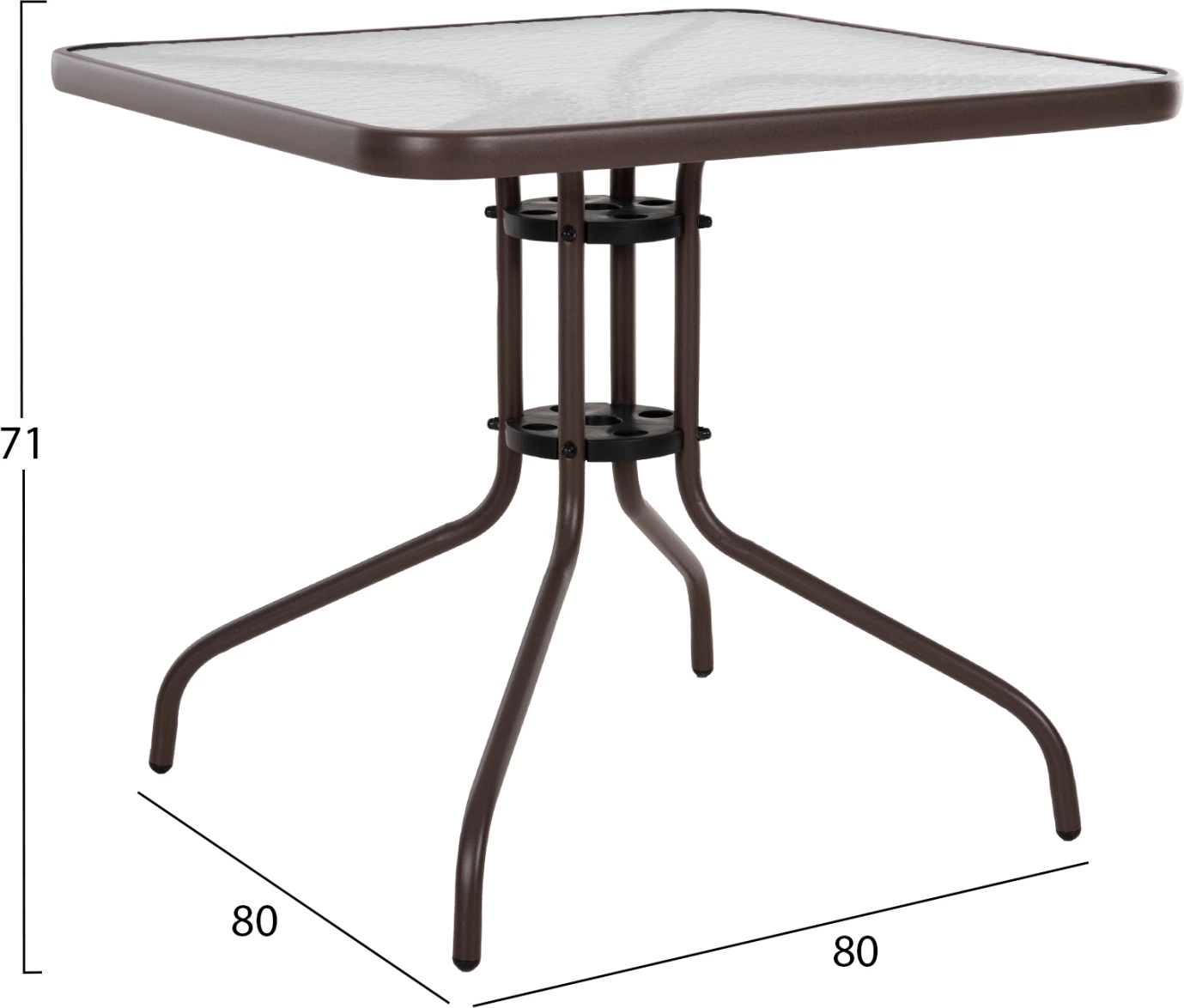 Zunanji kvadratni miza FIGO FH5972.02 rjava kovinsko-steklena plošča 80Χ80Χ71 cm