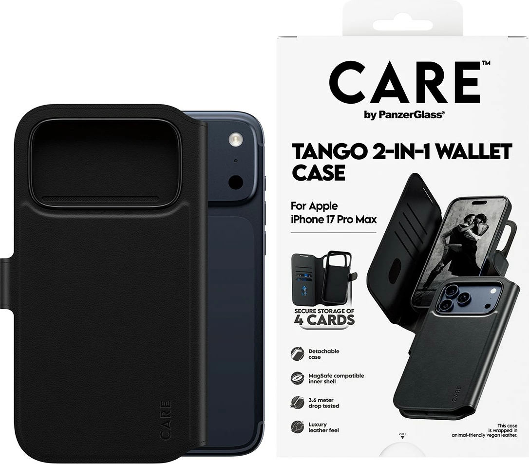 Ovitek za telefon PanzerGlass CARE Feature Case Tango 2in1 denarnica MagSafe za iPhone 17 Pro Max, črn