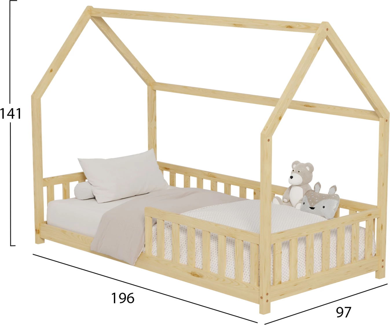 Postelja za otroke s ograjo PHYLLIS FH679.01 t.MONTESSORI iz masivnega borovega lesa v naravni barvi - 190x90cm