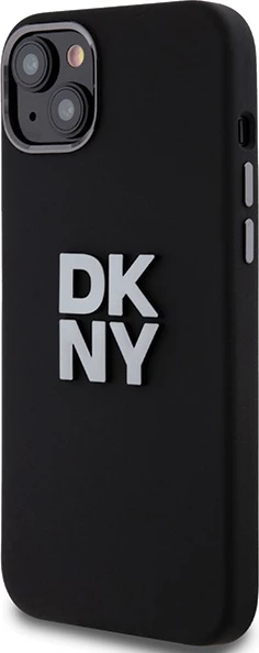 Ovitek za telefon iz tekočega silikona z metalnim logotipom za iPhone 15 Plus / 14 Plus, DKNY, črn