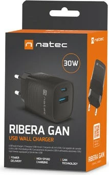 Stenski polnilec 30W, 1x USB-A + 1x USB-C, Natec Ribera GaN, črn