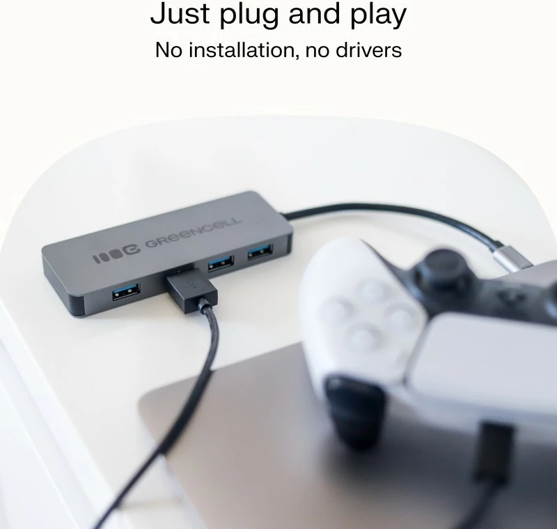 Razdelilec USB-C 4-v-1, Green Cell HUB-GC-C4A, 4x USB-A 3.0 do 5 Gb/s, vgrajen kabel 15 cm, srebrno/črn