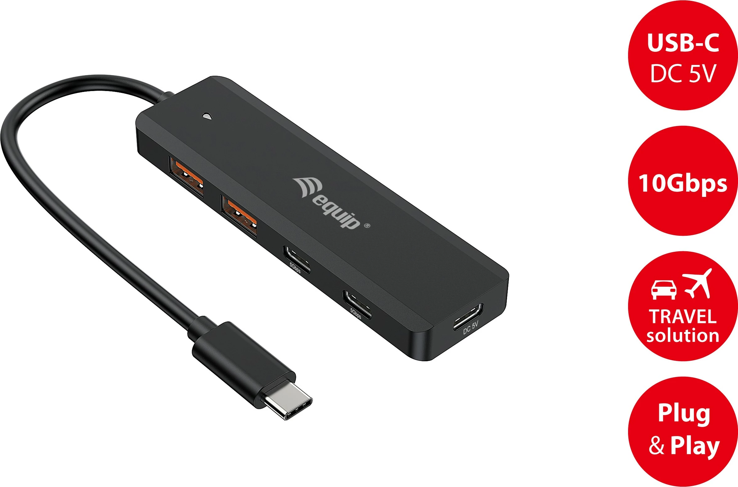 USB razdelilec Equip 128966, 4 priključki, USB-C/USB-A, 10Gbps, črn