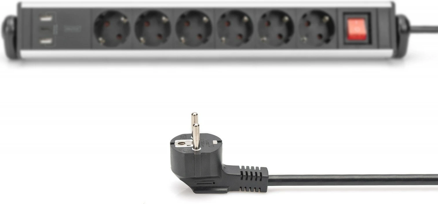 Večvtična vtičnica z aluminijastim ohišjem, 6 Schuko izhodov, 2x USB-A, 1x USB-C, s sponko, črno/srebrna — Digitus DA-70624