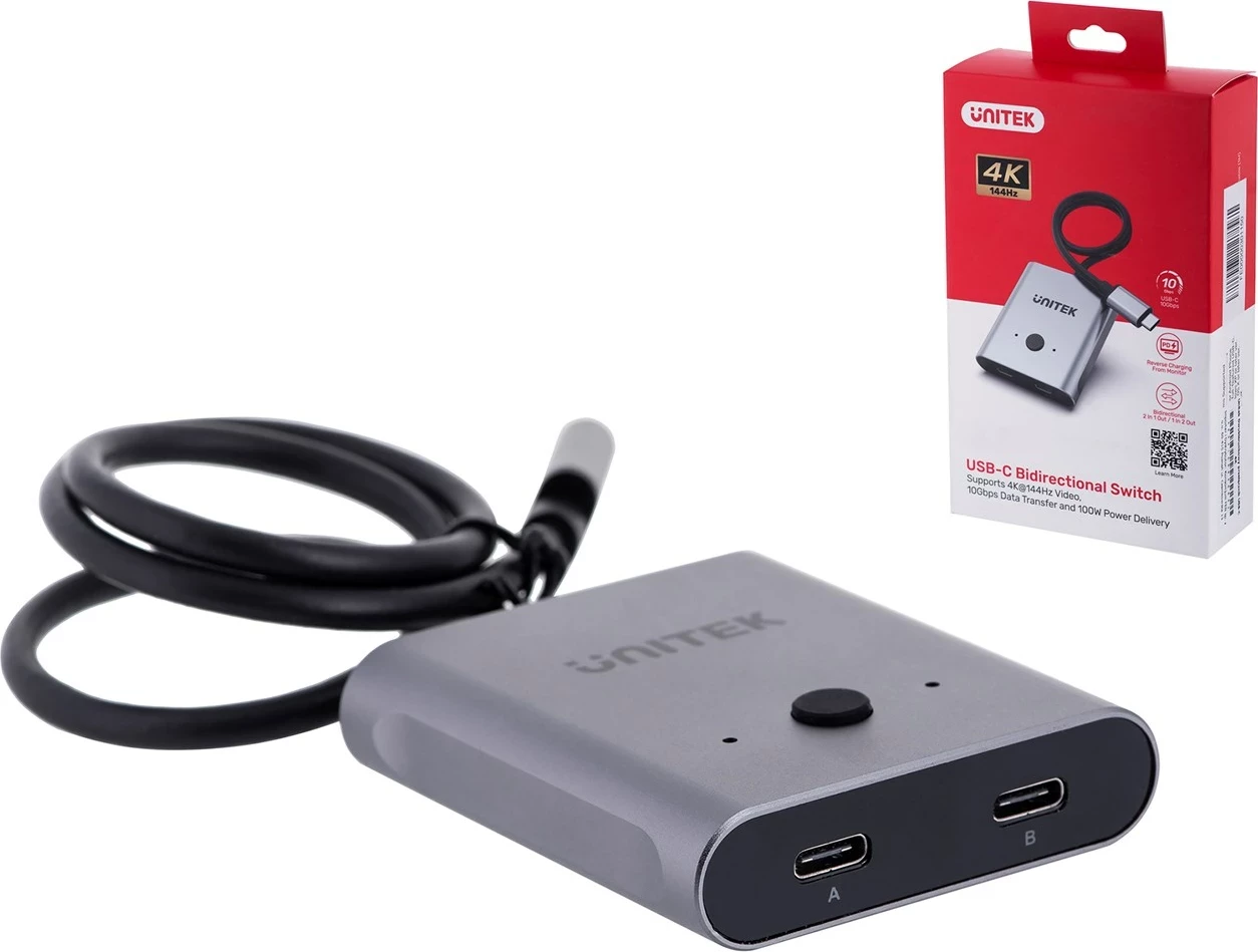 Dvosmerni USB-C preklopnik UNITEK 2 v 1, 4K, črn