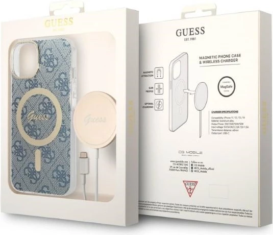 Ovitek za telefon in brezžični polnilec iPhone 14, 6.1" Guess GUBPP14SH4EACSB, 4G Print, MagSafe, moder