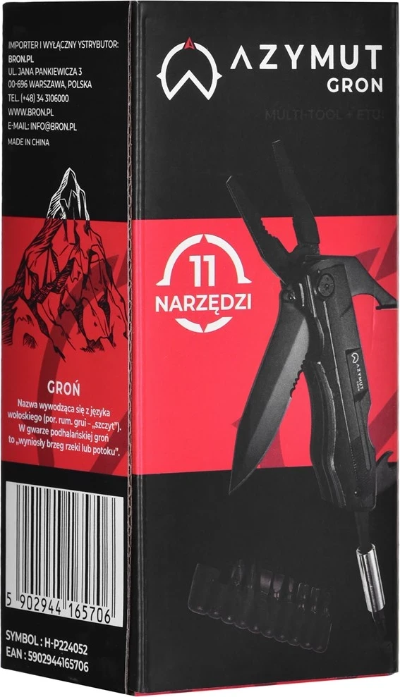 Večnamensko orodje Gron AZYMUT, 11 orodij + 9 bitov + usnjen etui