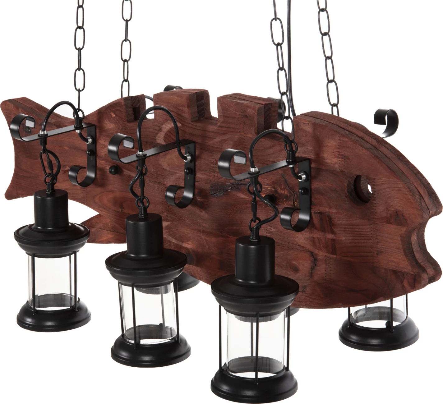 Stropna viseča svetilka s 6 lučmi FH4118 lesena riba-črna kovina-steklo 95x35x116H cm