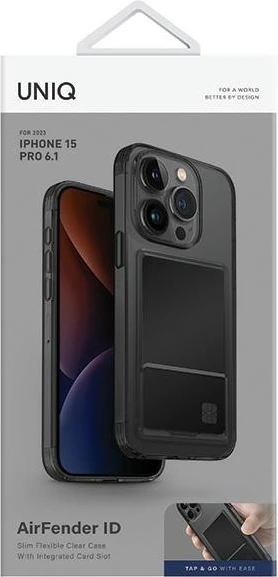 Ovitek za telefon z držalom za ID kartice UNIQ Air Fender za iPhone 15 Pro, siv