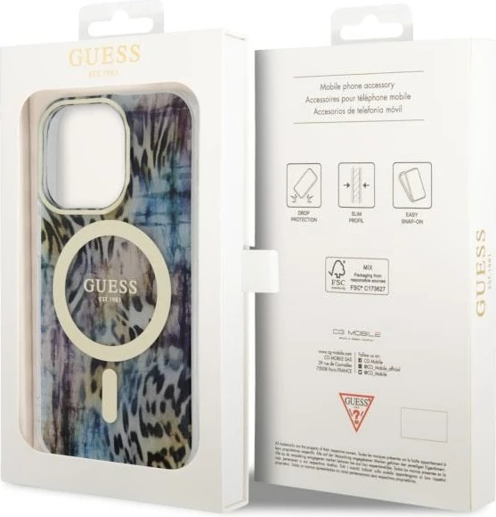 Zaščitni ovitek z leopardskim vzorcem MagSafe za iPhone 14 Pro 6,1", Guess, modra