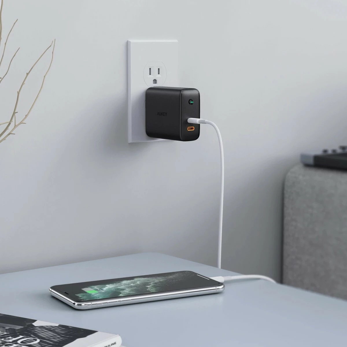Hitri polnilec AUKEY PA-D2, 2x USB-C PD 3.0, 36 W, črn