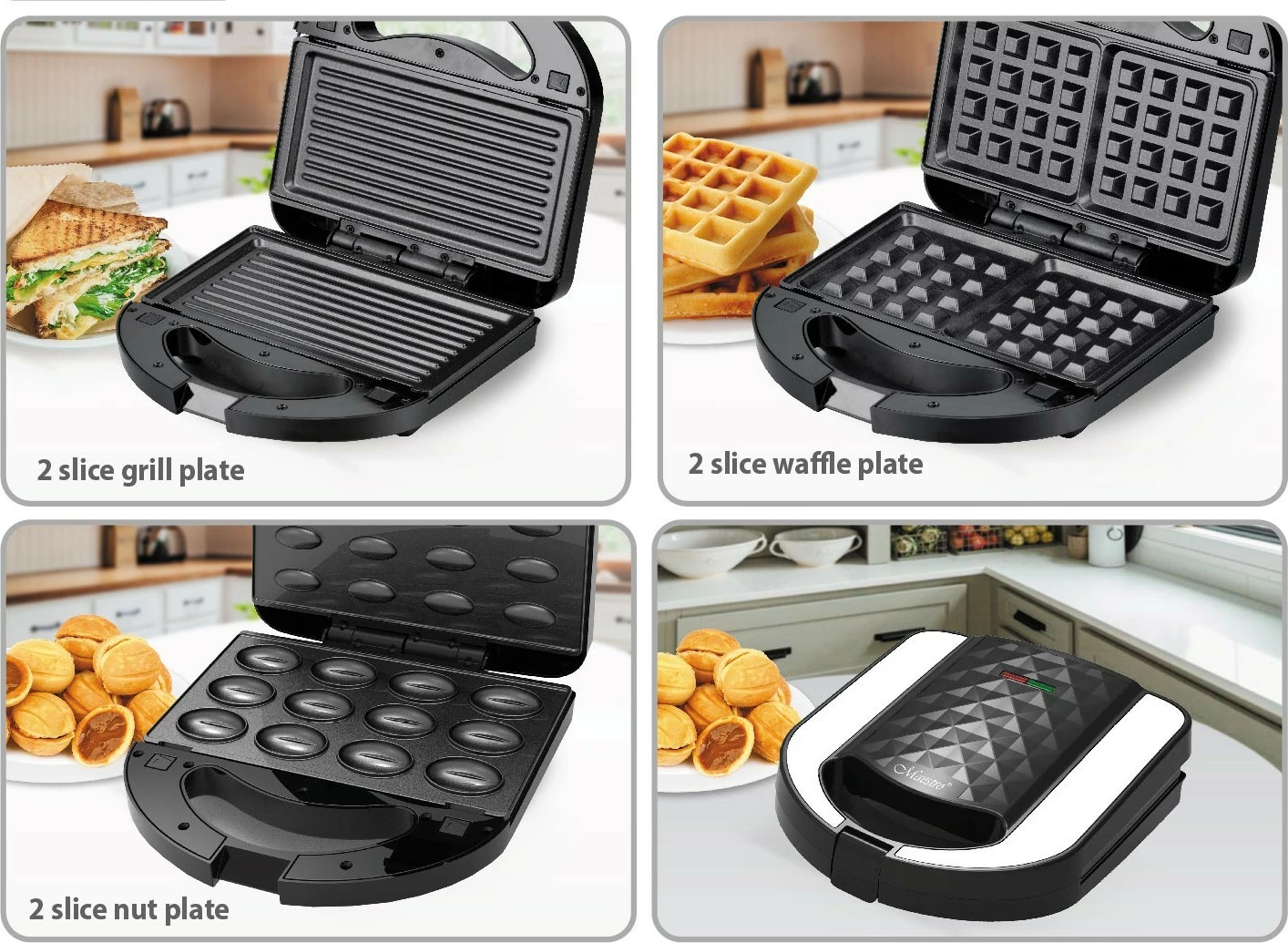 3-v-1 sendvič toster, Feel-Maestro MR-709, 750 W, črno/srebrn, z zamenljivimi nelepljivimi ploščami