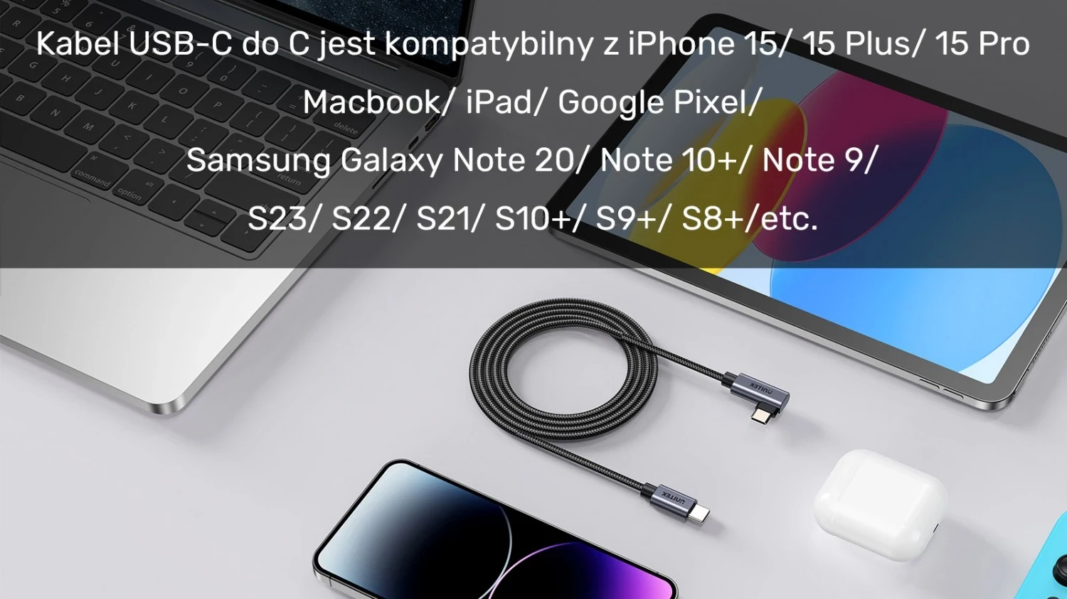 Kabel USB-C z 90° kotom PD 100W 0,5 m, črno-siv - Unitek