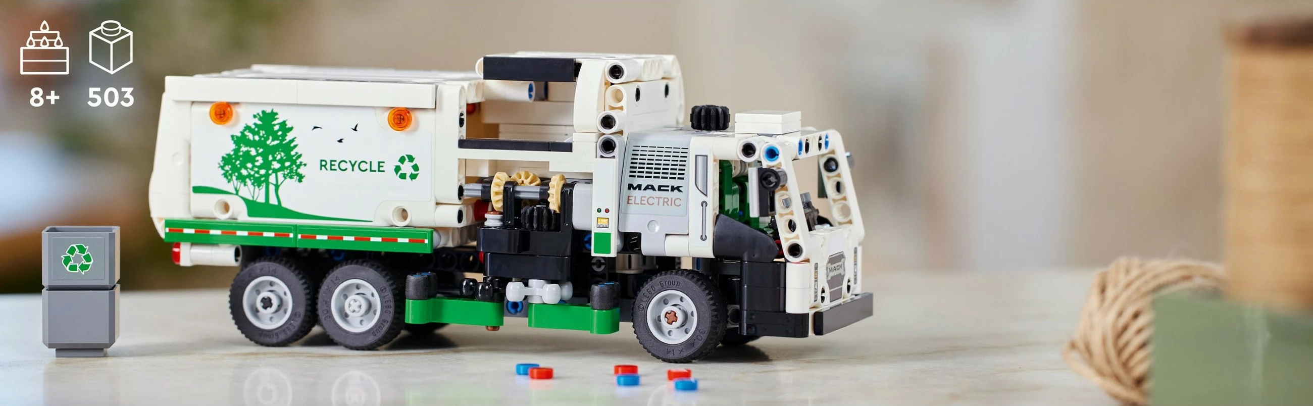 Gradbeni set LEGO Technic električni tovornjak za odvoz smeti Mack LR, 503 kosi, večbarven