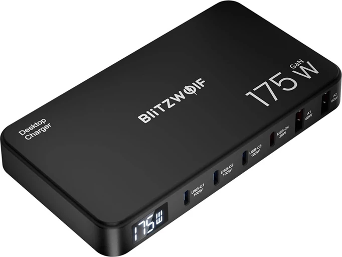 Polnilna postaja 6-v-1 Blitzwolf BW-S30, 4x USB-C + 2x USB-A, 175 W, črna