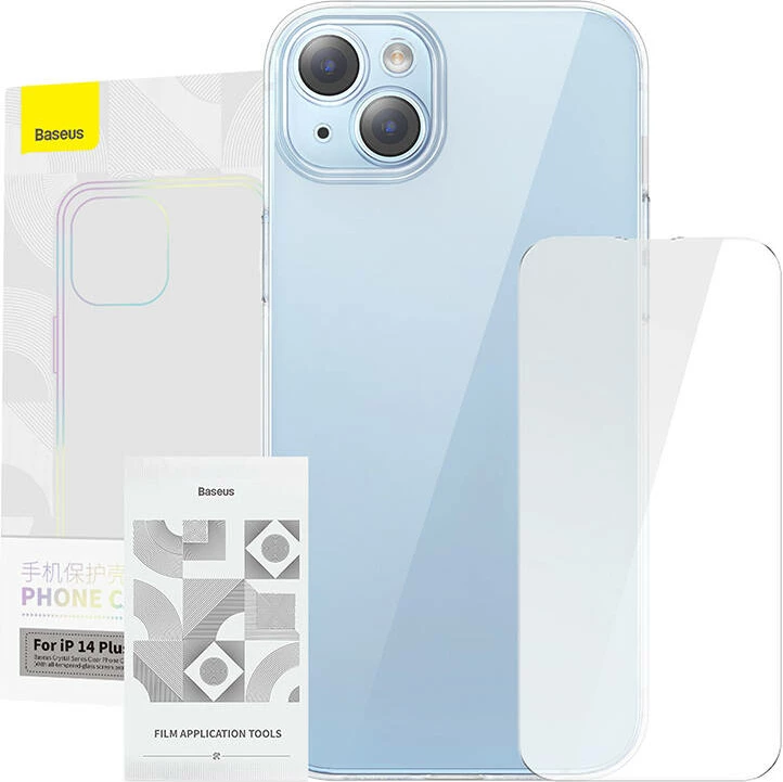 Prozoren ovitek Baseus Crystal Series za iPhone 14 Plus s kaljenim steklom, Transparenten