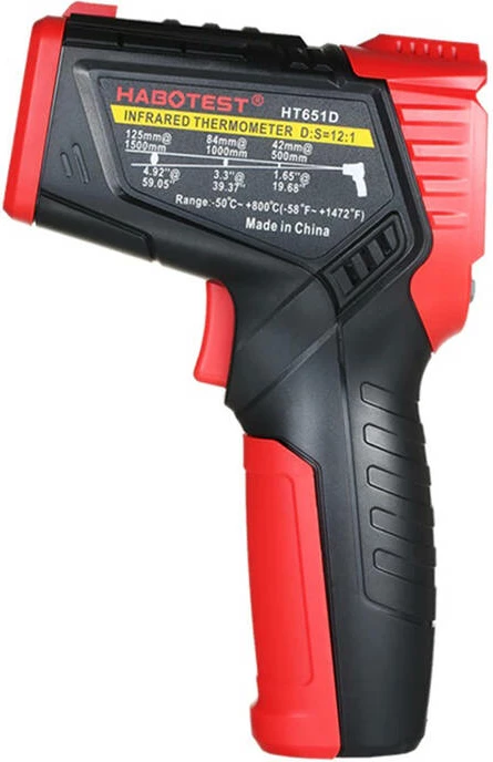 Infrardeči termometer (pirometer), D:S 12:1, -50°C–800°C, termoelement K, merjenje vlage in točke rosišča Habotest HT651D