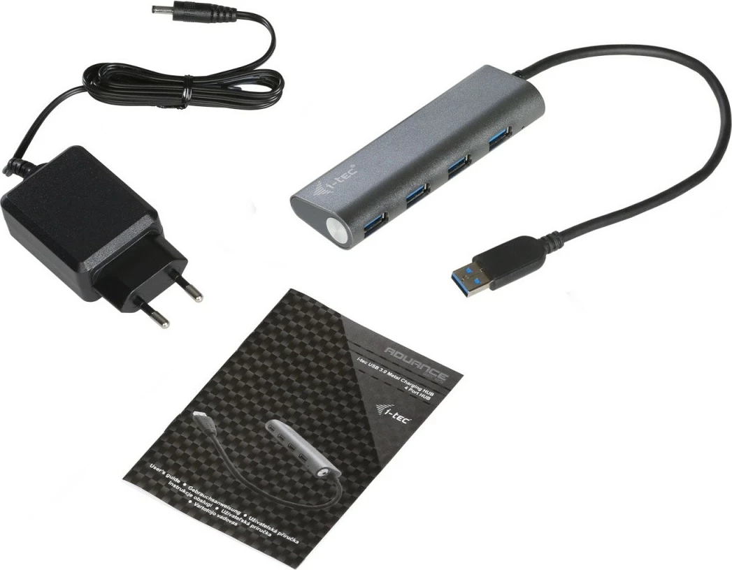 USB HUB s 4 vhodi USB 3.0, i-tec U3HUB448, kovček iz kovine, polnjenje, črno/siv
