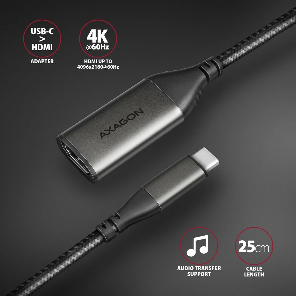 Aktivni adapter USB-C na HDMI 2.0, 25 cm, AXAGON RVC-HI2M, siv
