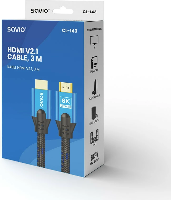 HDMI kabel Savio CL-143, 3 m, Ultra HD 8K, v2.1, črno/moder