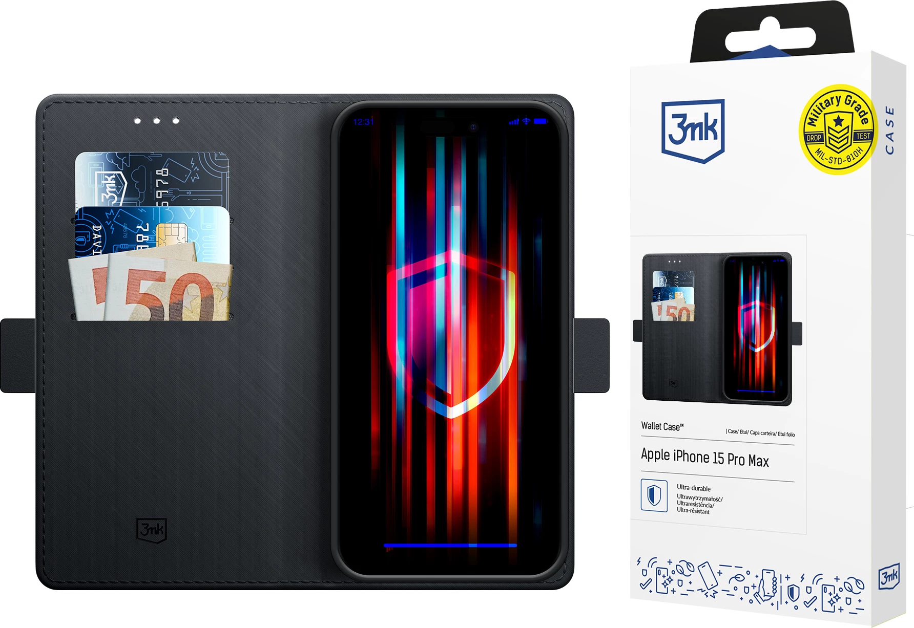 Denarnica zaščitni ovoj za iPhone 15 Pro Max 3mk, črn